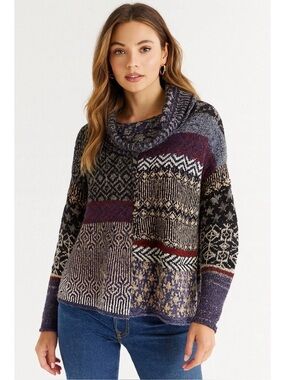 Free People Cowl Neck Patchwork Knit Sweater
